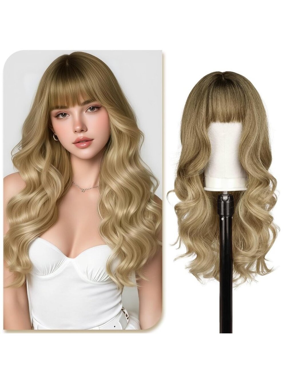 24 Inch Women's Ombre Blonde Highlights Natural Looking Synthetic Wig with Bangs